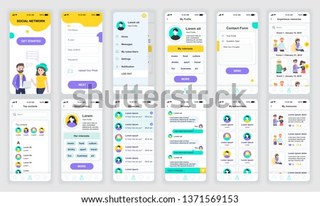 Set of UI, UX, GUI screens Social Network app flat design template for mobile apps, responsive website wireframes. Web design UI kit. Social Network Dashboard.