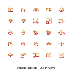 A Set Of Ui Ux Icons Gradient. The Icons Include A Pen, Book, Box, Circle, Square, Triangle, Cross, Plus Sign, Minus Sign, Star, Gear.