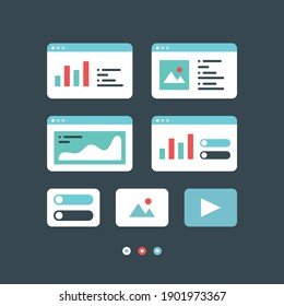 A set of ui ux interface windows boxes containing basic design elements made in vector. Made in red, green and blue, different sizes and selectors. 