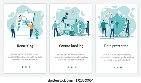 A set of UI and UX interfaces for smartphone screens.Features of adaptive design.The topic of Data protection and finance.Flat vector illustration.