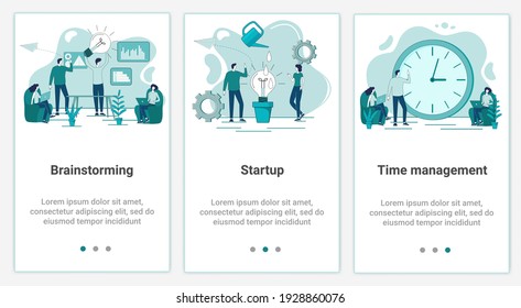 A set of UI and UX interfaces for smartphone screens.Features of adaptive design.The theme of Brainstorming and startup.Flat vector illustration.