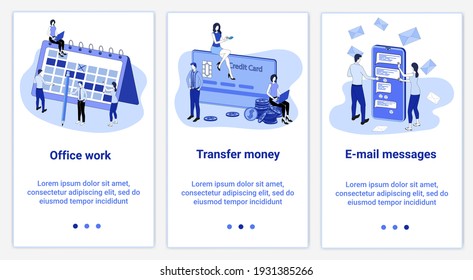 A set of UI and UX interfaces for smartphone screens.Features of adaptive design.Topic Office work and web development.Flat vector illustration.