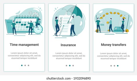 A set of UI and UX interfaces for smartphone screens.Features of adaptive design.The topic of Business, insurance, and money transfers .Flat vector illustration.