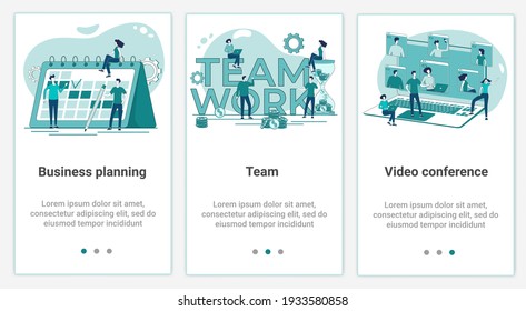 A set of UI and UX interfaces for smartphone screens.Features of adaptive design.Topic Business planning and teamwork.Flat vector illustration.