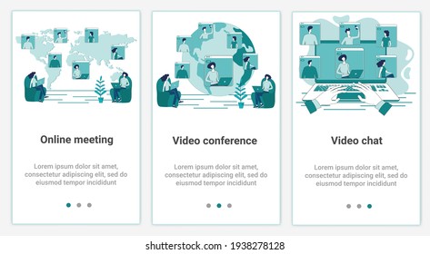 Un conjunto de interfaces UI y UX para pantallas de smartphone.Características de diseño adaptativo.El tema de la comunicación de vídeo en línea.Ilustración vectorial plana.