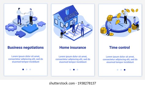 A set of UI and UX interfaces for smartphone screens.Features of adaptive design.Subject Property insurance and time control.Flat vector illustration.