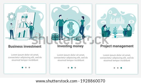 A set of UI and UX interfaces for smartphone screens.Features of adaptive design.The theme of the Business investment and project management.Flat vector illustration.