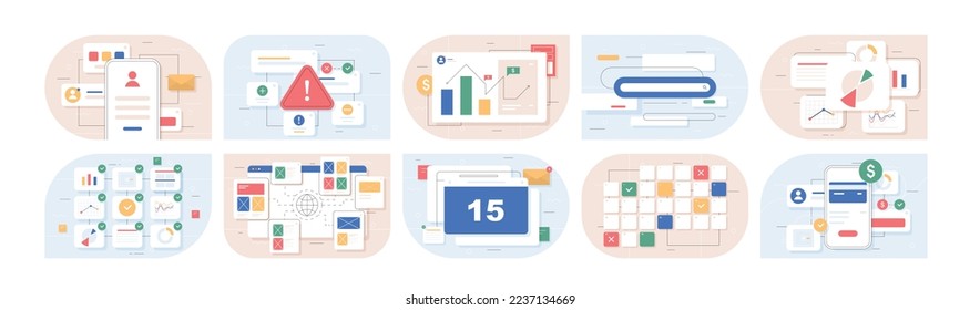 Set of UI and UX. Modern technologies and digital world, interface for programs and apps. Working with statistics and information. Cartoon flat vector illustrations isolated on white background