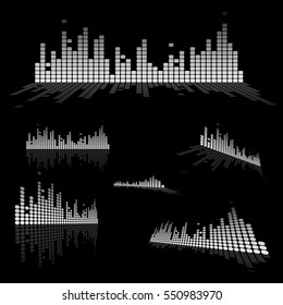 Set  ui ux music equalizer sound waves. Audio electronic bar. Music waves logo. Dj vector illustration. Black and white light audio signal.