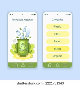 Set of UI and UX screens for mobile app about ecology. Ecology Dashboard.Template of the interface. Recycling materials.