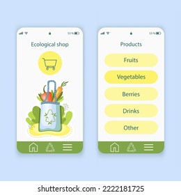 Set of UI, UX screens for mobile app about ecology. Ecology Dashboard. Eco online shop. Template of interface. Recycling materials.