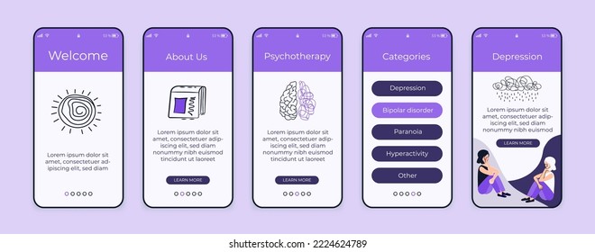 Conjunto de UI, pantallas UX para aplicaciones móviles sobre psicología. Solución de problemas mentales: depresión, trastorno bipolar, hiperactividad, paranoia. Pasos del sitio web de tutorial. Salud mental.