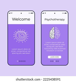 Set of UI, UX screens for mobile app about psychology. Solving mental problems. Walkthrough website steps. Mental health.