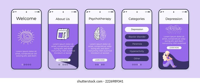 Set of UI, UX screens for mobile app about psychology. Solving mental problems: depression, bipolar disorder, hyperactivity, paranoia. Walkthrough website steps. Mental health.