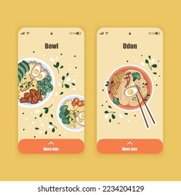 Set of UI, UX screens for mobile app about food delivery. Asian food Dashboard. Chinese, Korean or Japanese online shop. Template of the interface.