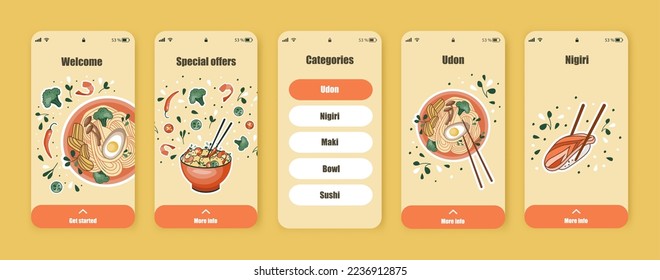 Set of UI, UX screens for mobile app about food delivery. Asian food Dashboard. Chinese, Korean or Japanese online shop. Template of the interface.