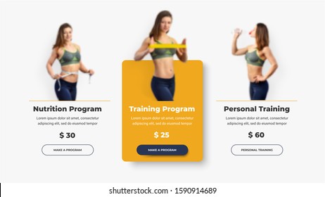 A set of UI / UX templates of vector product cards for a gym or personal trainer. Design banners with active and inactive state of buttons.