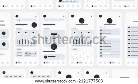 Set of UI UX Wireframes, GUI screens any app flat design template for mobile apps, responsive website application wireframes. Web design UI kit.