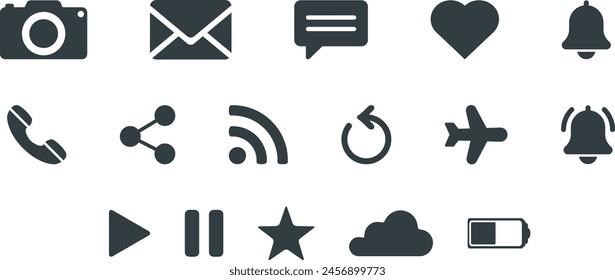 Set of UI web icons in fill style. Web and mobile icon. Chat, love, message, phone, music, aeroplane mode, share, battery. Vector illustration editable Web icons set