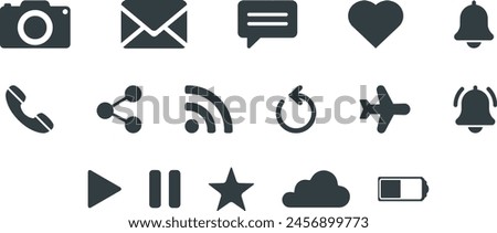 Set of UI web icons in fill style. Web and mobile icon. Chat, love, message, phone, music, aeroplane mode, share, battery. Vector illustration editable Web icons set