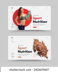Set of UI/UX website design homepage for sports nutrition or supplements. Web page template with place for photo and red circle on the background. Minimalistic style