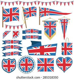 set of UK flag decorations with bunting, ribbons, banners and emblems
