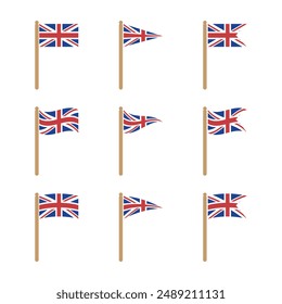 set of uk flag with pole flat wave design vector illustration