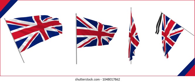 Set of UK of Great Britain waving flags in ceremonial or solemn style. photorealistic vector illustration.
