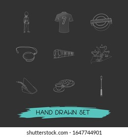 Set of uk signs icons line style symbols with royal guard, cake with tea cup, monocle and other icons for your web mobile app logo design.