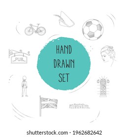 Set of uk signs icons line style symbols with lady hat, royal guard, bike and other icons for your web mobile app logo design.