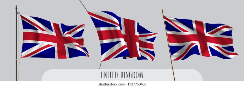 Set of UK waving flag on isolated background vector illustration. 3 red blue cross United Kingdom wavy realistic flag as a patriotic symbol 