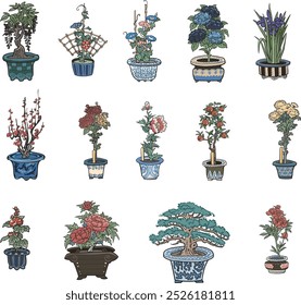 A set of Ukiyo-e style flower illustrations.