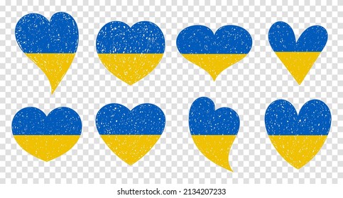 Juego de ícono de la bandera de Ucrania en forma de corazones. Salvemos el concepto de Ucrania. Símbolo ucraniano vector, icono, botón