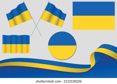 Set Of Ukraine Flags In Different Designs, Icon, Flaying Flags With ribbon With Background. Free Vector