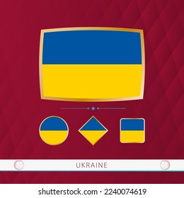 Set of Ukraine flags with gold frame for use at sporting events on a burgundy abstract background. Vector collection of flags.