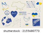 Set of Ukraine stickers. Peace sign. Map of Ukraine. Wheat. Patriotic inscriptions. Ukrainian flag. Dove of peace. Big clipart set. Support Ukraine.