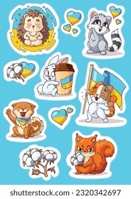 Set of ukrainian animals in cartoon style. Squirrel, dog, hedgehog, cat, raccoon, bunny