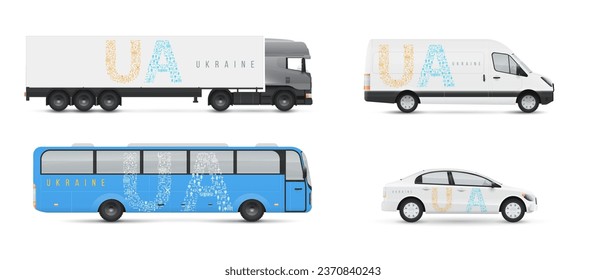 Establezca el diseño corporativo ucraniano para vehículos de transporte en un estilo geométrico moderno creativo. Luminosa gráfica nacional patriótica silueta con letras. Camión, auto, bus. Ilustración vectorial de moda.