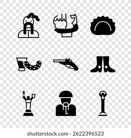 Set Ukrainian cossack, Monument to founders of Kiev, Dumplings, Mother Motherland monument, Independence, Glass with vodka and Vintage pistols icon. Vector