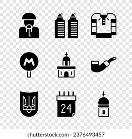 Set Ukrainian cossack, Two towers Dnipro, Embroidered shirt, trident, Independence day of Ukraine, Church, Metro or Underground and building icon. Vector