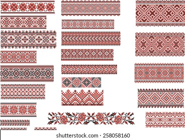 Set of Ukrainian ethnic patterns for embroidery stitch in red and black 