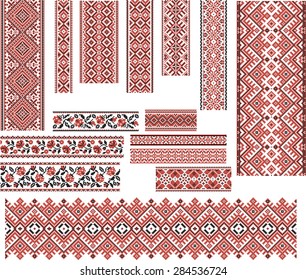 Set of Ukrainian ethnic patterns for embroidery stitch in red and black. Editable.