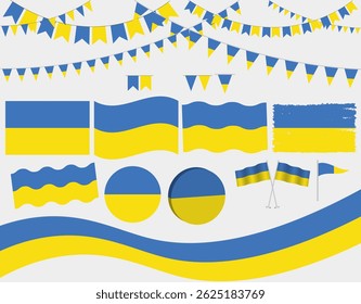 Set of Ukrainian Flag Elements and Decorations with Blue and Yellow Banners, Ribbons, and Symbols Isolated, Ideal for National Day Banners, Posters and Posts Protest or Campaign Concept