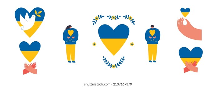 Set Ukrainian flag. Ukrainian ornament. Hands holding blue yellow Ukrainian heart. Victory. Stand with ukraine. No war. I love Ukraine. 