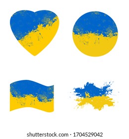 Set with the Ukrainian flag. There is a yellow-blue heart, a circle, a flag and an image of a yellow-blue brush. The entire set is located on a white background. 