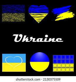 A set of Ukrainian flags of blue and yellow colors of different textures and shapes on a black background with the inscription Ukraine