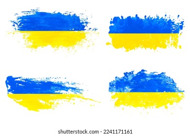 Set of Ukrainian flags in watercolor brush strokes