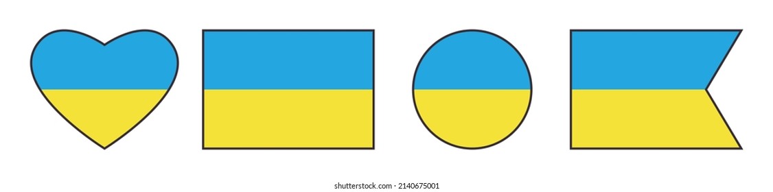 Set of Ukrainian flags. Yellow and blue heart, rectangle, circle and ribbon.