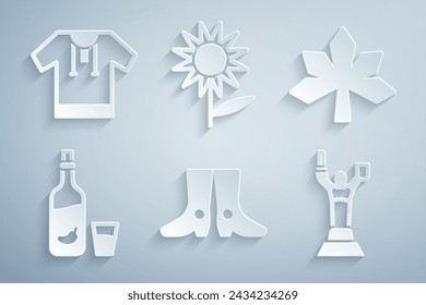 Set Ukrainian footwear, Chestnut leaf, Vodka with pepper and glass, Mother Motherland monument, Sunflower and Embroidered shirt icon. Vector