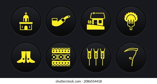 Set Ukrainian footwear, Dumplings on fork, ethnic pattern, Wheat, house, Smoking pipe, Scythe and Church building icon. Vector